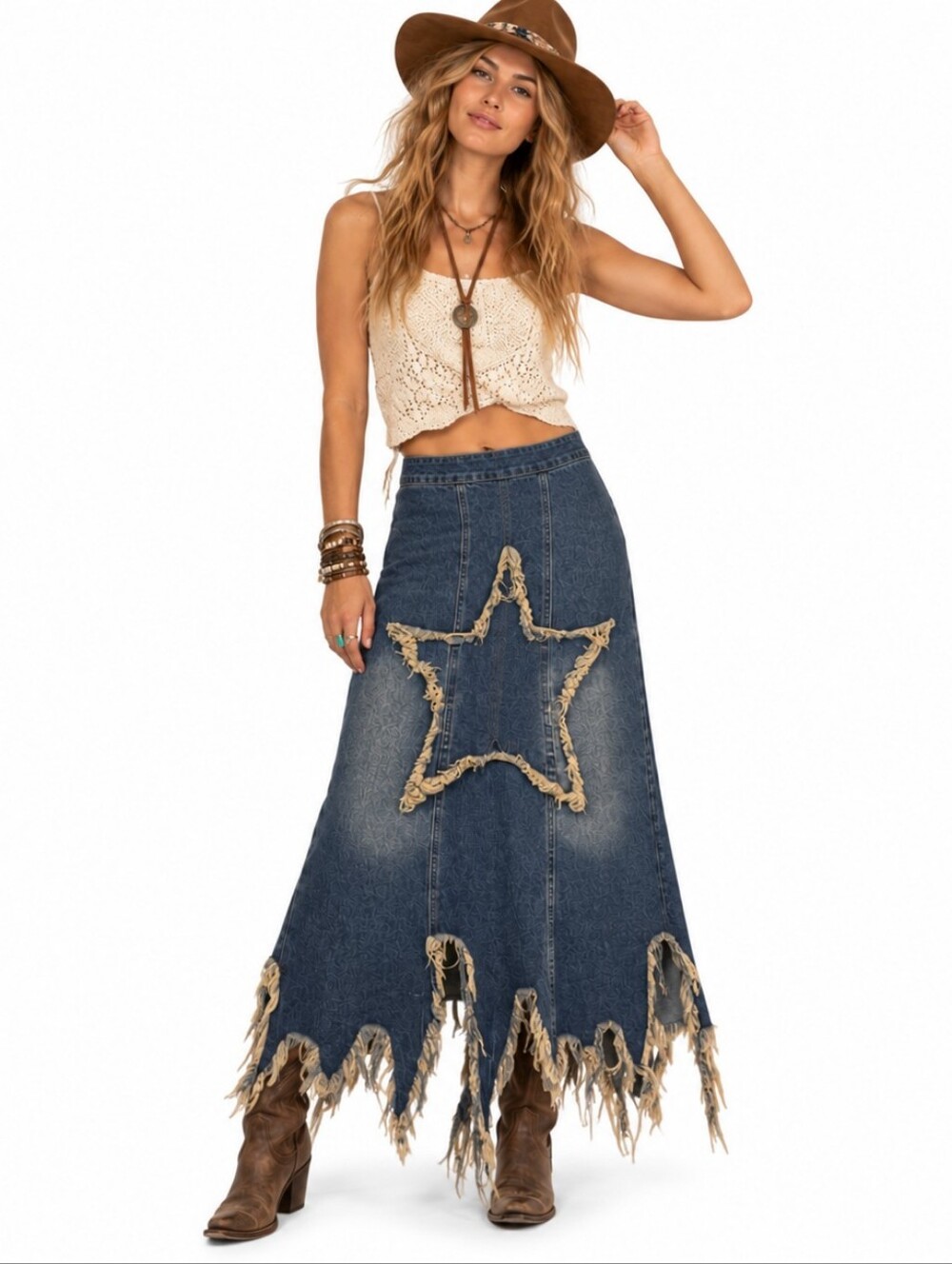 MICAS Denim Patchwork Midi Skirt M Blue Star Distressed Sharkbite Y2K Grunge